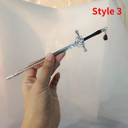 Hair Chopsticks,Comics Chinese Style Hair Pin Sword Hair Sticks for Bun with Tassel Red Gem Hair Accessories for Women Girls Long Hair