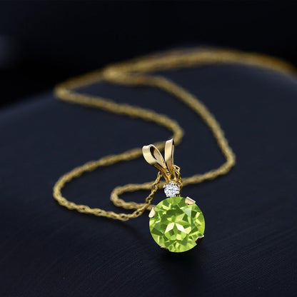 14K Yellow Gold Green Peridot and White Created Sapphire Pendant Necklace for Women (0.87 Cttw, Gemstone Birthstone, round 6MM)