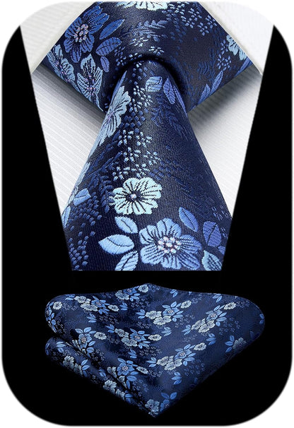 Extra Long Ties for Men Classic Floral Tie and Pocket Square Elegant Silk Necktie Handkerchief Set Wedding Party