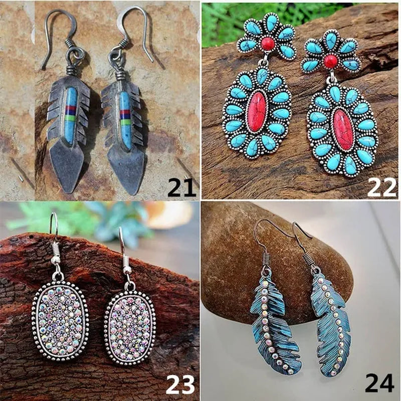 1 pair Antique 925 Sterling Silver Pendant Earrings Natural Gemstone Inlay Dangle Earrings Bridal Engagement Wedding Anniversary Gift  Bohemian Style Earrings