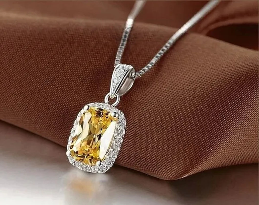 18K White Gold GP AAA CZ Zircon Citrine Pendant Necklace Earrings Princess Cut Drop Earring Jewellery Set
