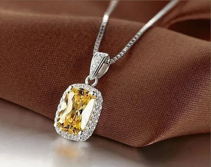 18K White Gold GP AAA CZ Zircon Citrine Pendant Necklace Earrings Princess Cut Drop Earring Jewellery Set