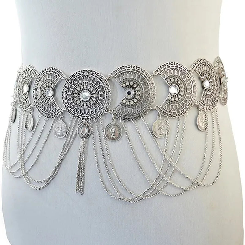 Women Belly Dance Belt Waist Metal Crystal Coin Tassel Body Chain Jewelry - WORLD TIME VISITS