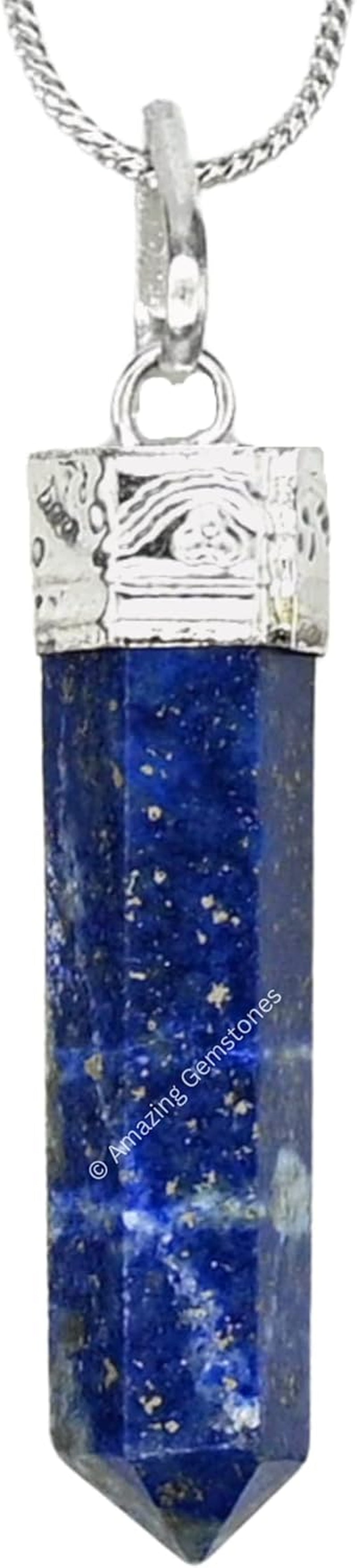 Lapis Lazuli Crystal Pencil Point Pendant Necklace with Adjustable Cord - Natural Healing Crystals and Stones for Men, Women