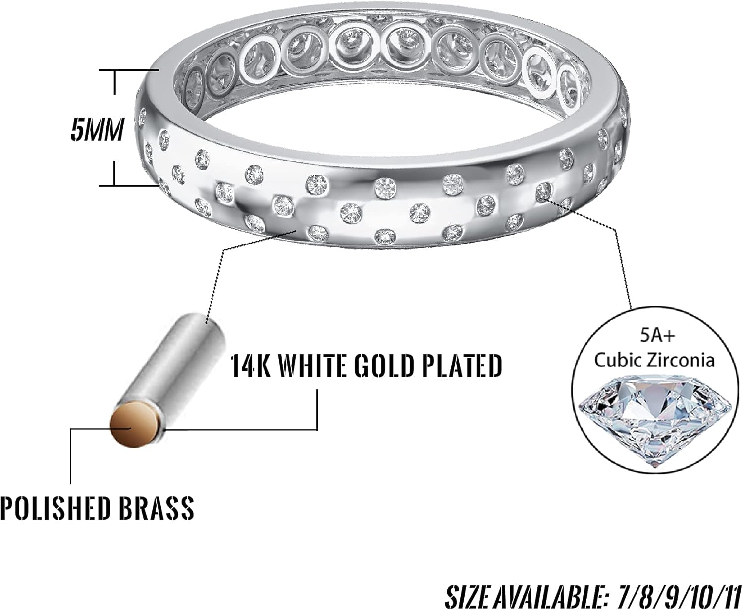 14K Gold Plated Inlaid round CZ Diamond Wedding Band Statement Ring for Men and Women - WORLD TIME VISITS