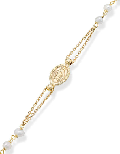 18K Gold over 925 Sterling Silver Handmade Italian White Freshwater Pearl Ball Beaded Sideways Rosary Cross Necklace for Women, Made in Italy