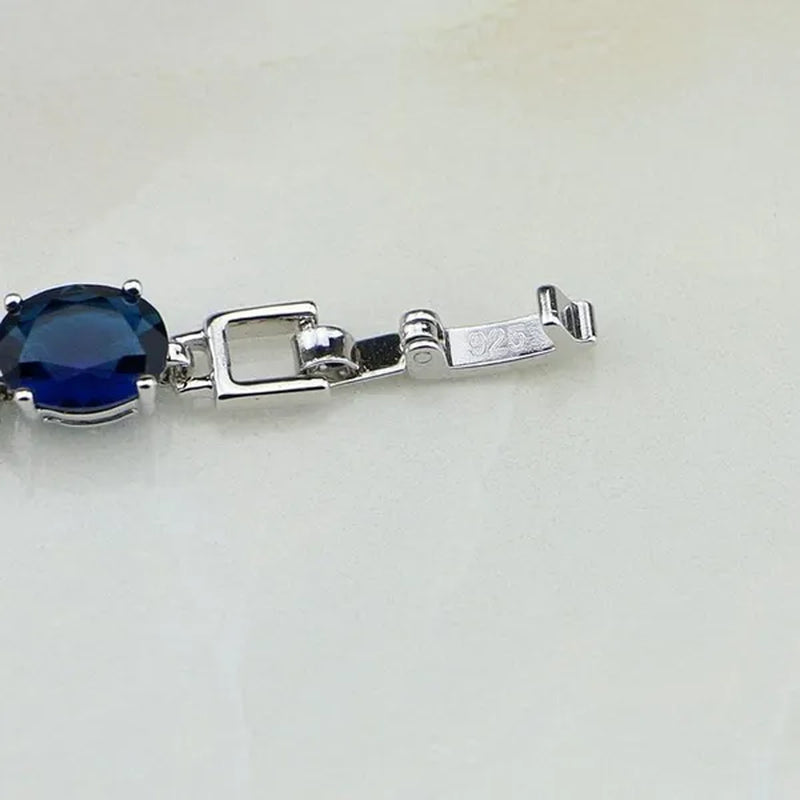 925 Sterling Silver Jewelry Blue Sapphire White Topaz Chain&Link Charm Bracelets For Women