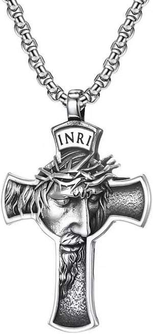 INRI Jesus Christ Necklace, Cross Pendant Necklace with Crown of Thorns Jesus