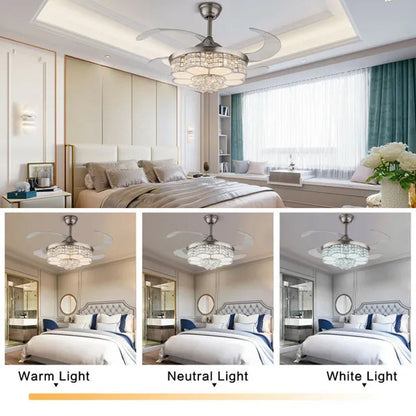 Remote 42" Silver Remote Invisible Ceiling Fan Lamp LED Chandelier Light
