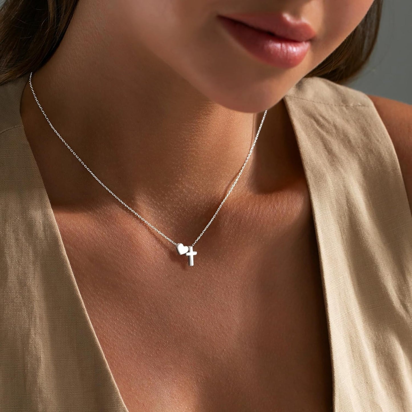 Cross Heart Necklace for Women, Dainty Pendant Necklaces 14K Gold Sterling Silver Plated Choker Chain, Cute Waterproof Non Tarnish Christian Religious Faith Jewelry Baptism Easter Gift