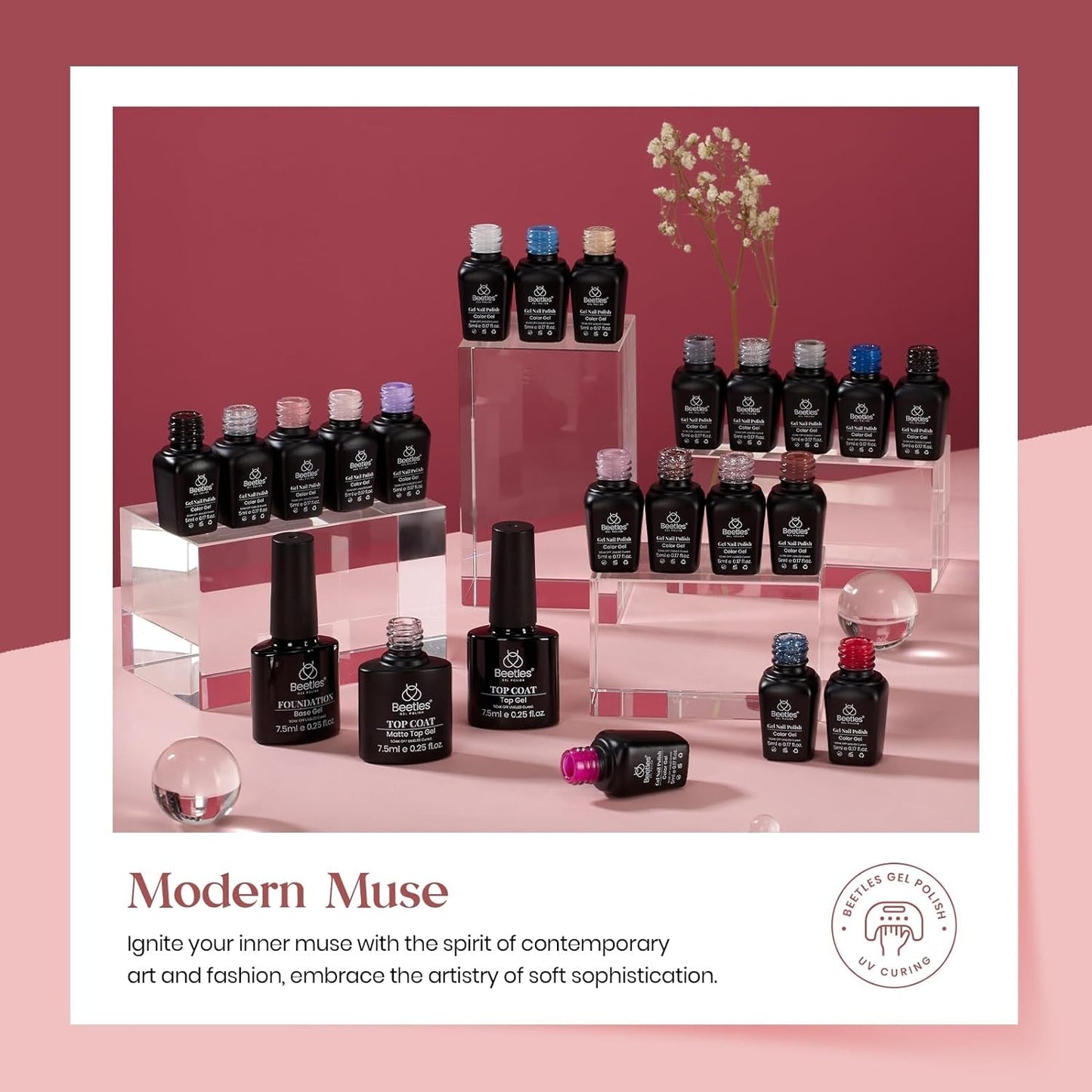 Beetles 23Pcs Gel Nail Polish Set with 3Pcs Base Matte Glossy Top Coat, Nude Gray Pink Blue Burgundy Glitter Gel Polish Kit Modern Muse Kit, Soak off Uv Gel for Women