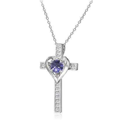 Sterling Silver Tanzanite and White Topaz Heart Cross Birthstone Pendant Necklace