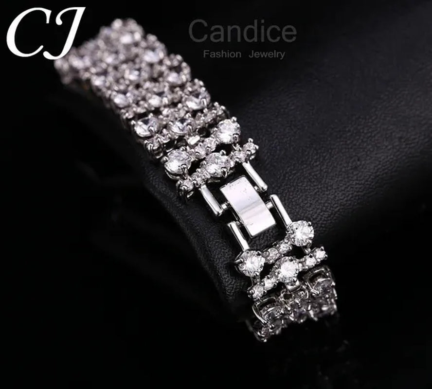 CANDICE Blue Crystal Elegant Bridal Wristband Bracelet White CZ Wedding Bangle Jewelry