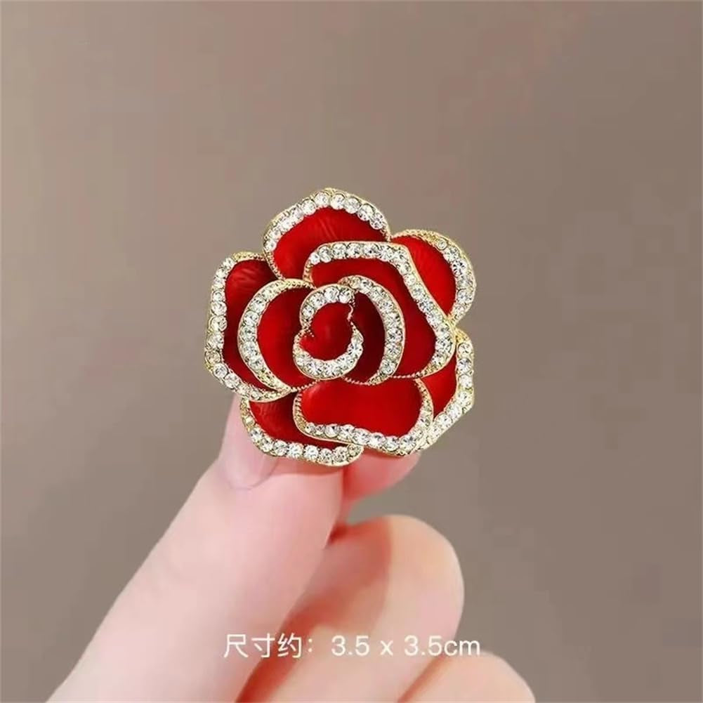 Crystal Rhinestone Red Flower Brooch Women'S Camellia Pin Rhinestone Floral Brooch Ladies' Fashion Clothing Brooch Jewelry Accessory