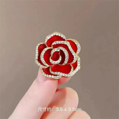 Crystal Rhinestone Red Flower Brooch Women'S Camellia Pin Rhinestone Floral Brooch Ladies' Fashion Clothing Brooch Jewelry Accessory