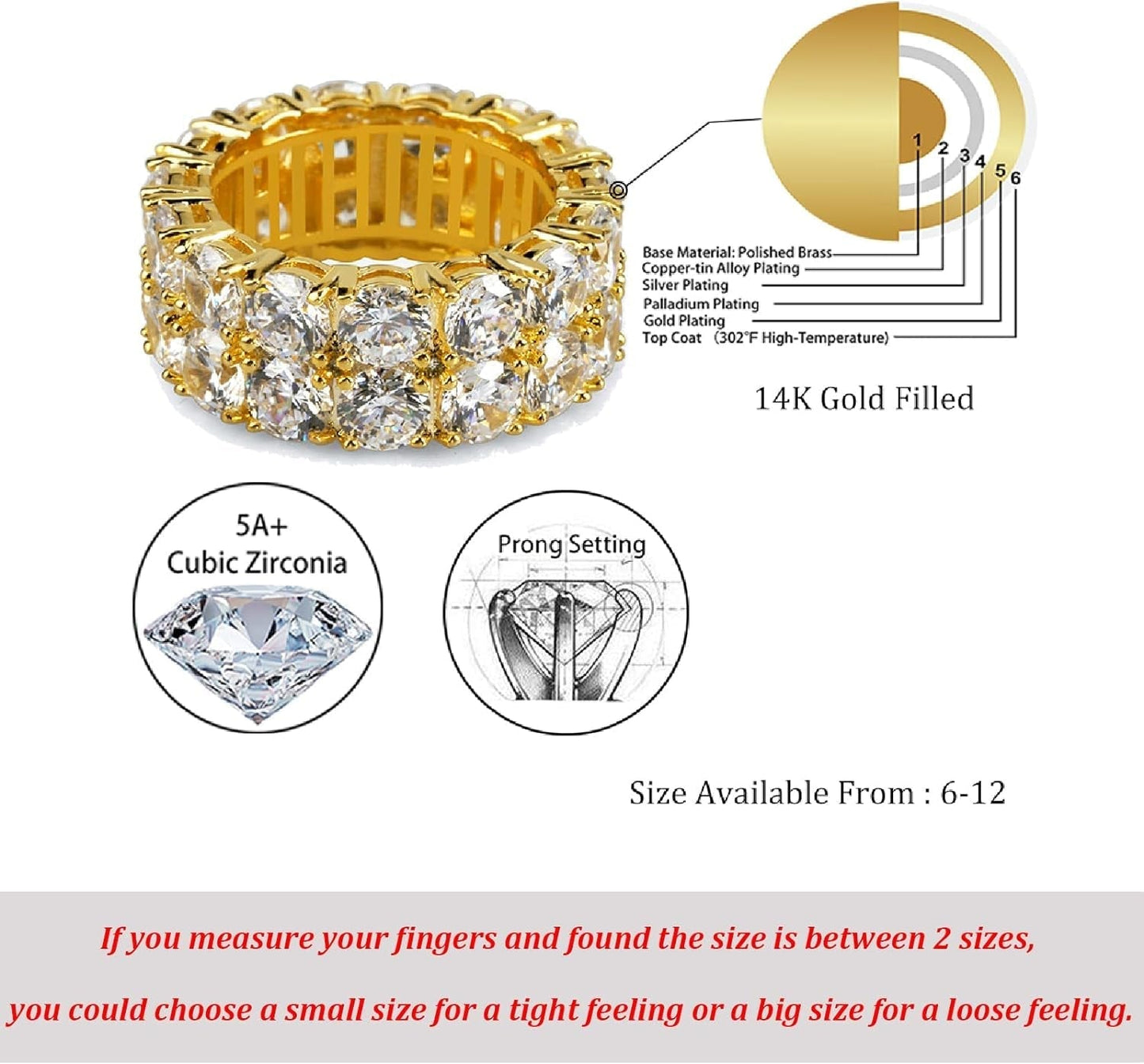 Ring Engagement Ring Gold Men Diamond Rings 9Mm Silver Cubic Zirconia Ring 14K Gold Plated Mens Wedding Band Ring for Women Promise Eternity Jewelry