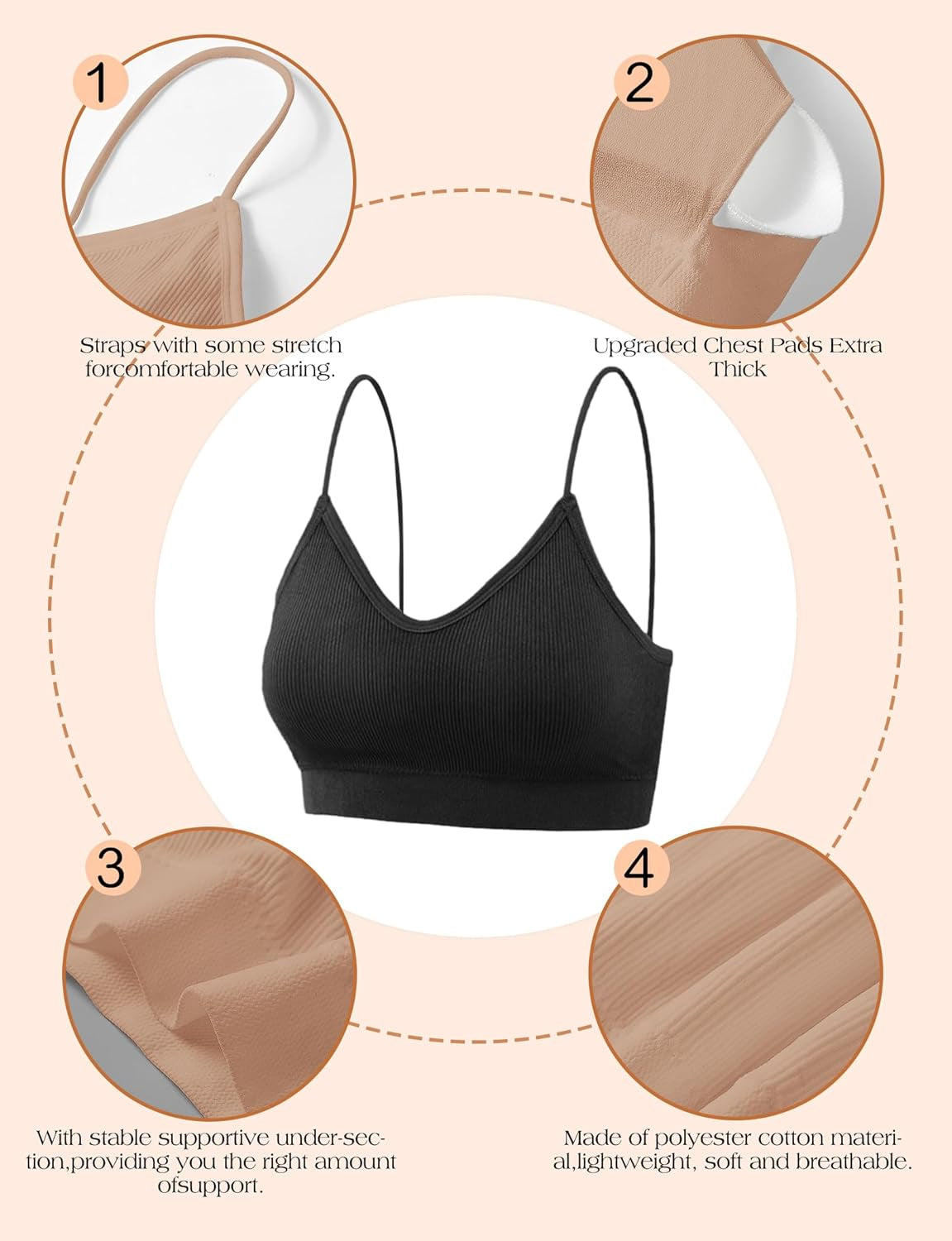 2-4PCS Women'S V-Neck Padded Seamless Straps Bralette, Everyday Basic Sleeping Bra, Sports Bras for Women, Sports Bra