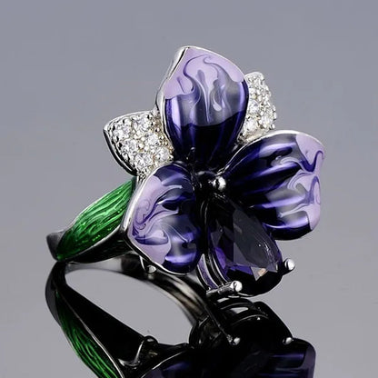 New Fashion Butterfly Flower Ring Jewelry Women 9Natural Gemstone Amethyst Ring Anniversary Christmas Gift Bridal Engagement Wedding Ring Size US5-11