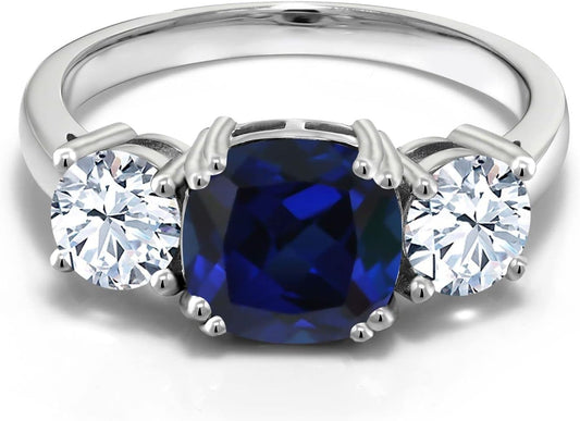 925 Sterling Silver Blue Simulated Sapphire and White Zirconia 3 Stone Engagement Ring for Women (4.00 Cttw, Gemstone September Birthstone, Cushion 8MM, Available in Size 5,6,7,8,9) - WORLD TIME VISITS