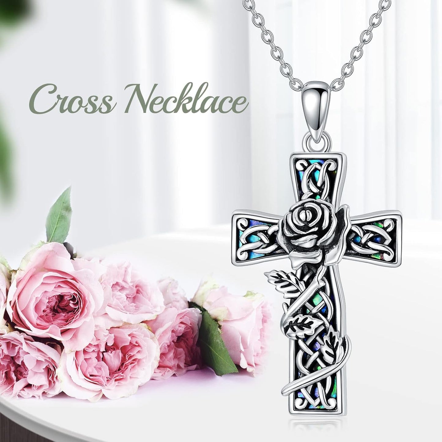 Cross Pendant Necklace with Abalone Shell, Silver Rose Flower Cross Necklace Gift for Women