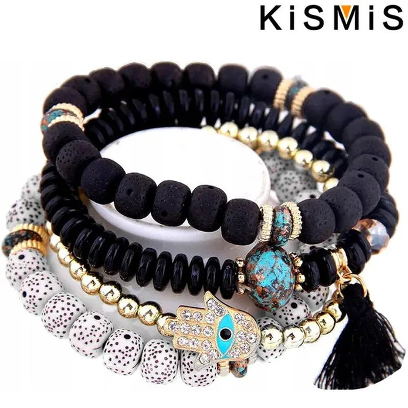 KISMIS 4Pcs/Set Bohemian Mix Bead Multi Layer Versatile Statement Bracelet Stackable Beaded Strand Stretch Bangles Sparkly Crystals Tassel Charms 1Set or 2Sets Optional