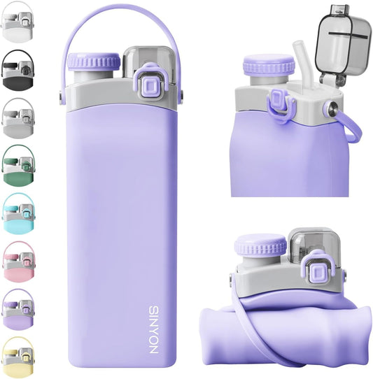 Collapsible Water Bottles, 20Oz Silicone Reusable Water Bottle with Straw and Strap, Leakproof Foldable Sports Water Bottle for Travel Camping Running Hiking Gym, BPA Free
