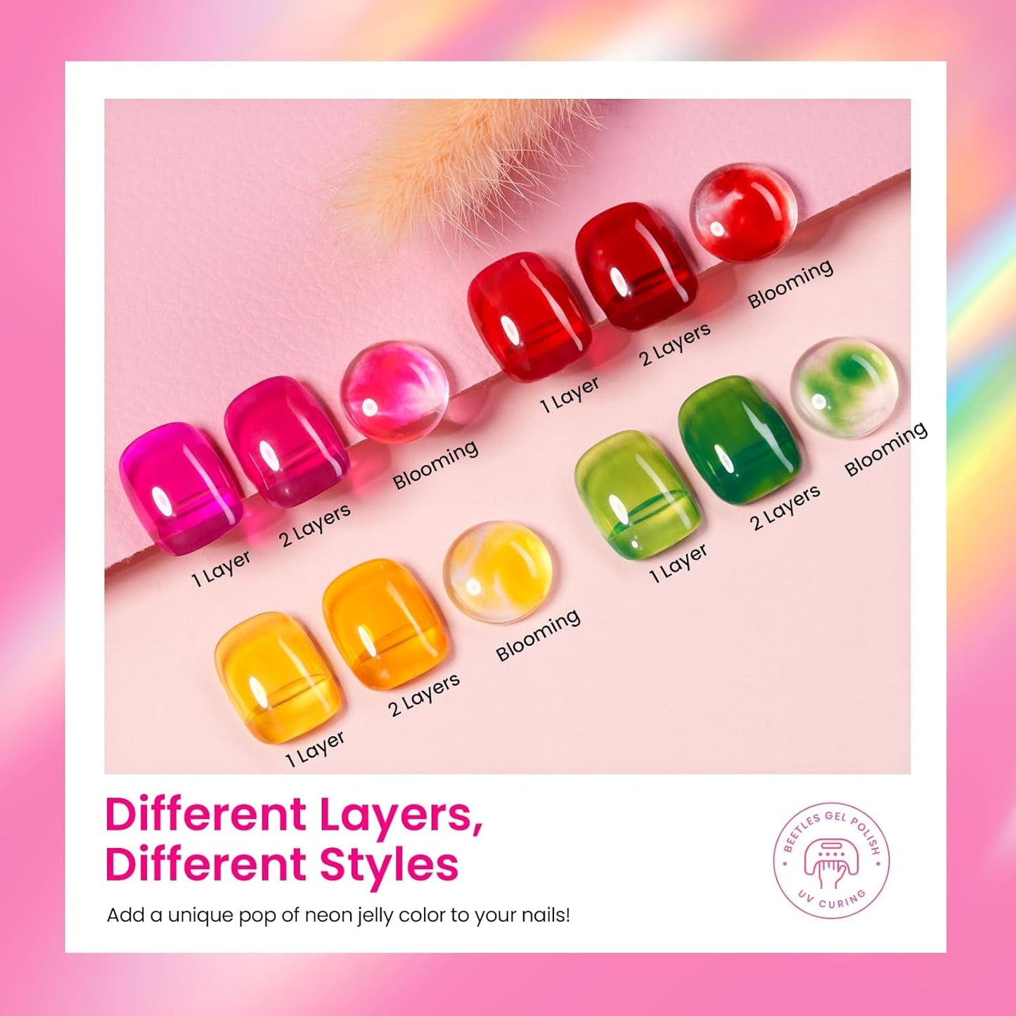Beetles Gel Nail Polish Set, 6 Colors Silver Cat Eye Gel Polish Sheer Jelly Red Pink Yellow Green Black Neon Gel Translucent Glitter Effect with Magnet Soak off UV Manicure Gifts for Women