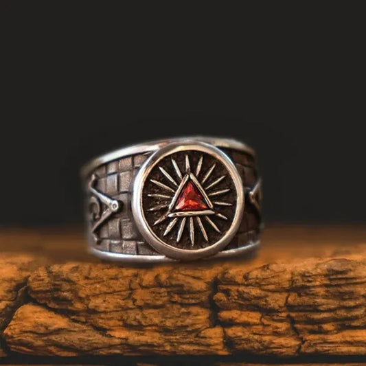 Retro Masonic Triangle Ruby Ring Mason Master Ring 316L Stainless Steel Ring Masonic Jewelry Punk Party Ring - WORLD TIME VISITS