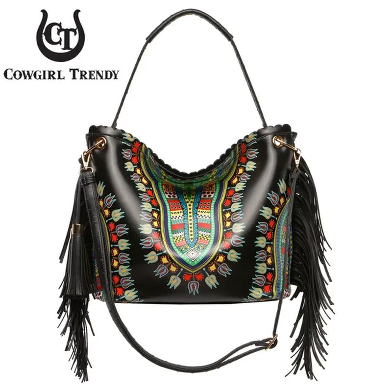 Bright African Bohemian Dashiki Ostrich Fringe Tassels Western Country Handbag Women Shoulder Bag Wallet Set Black