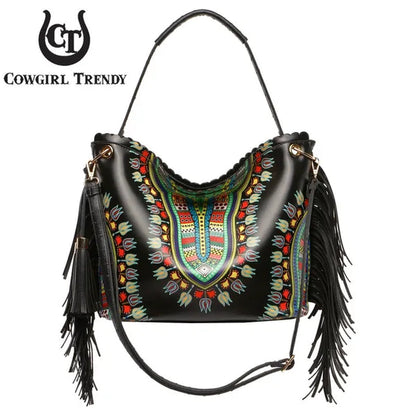 Bright African Bohemian Dashiki Ostrich Fringe Tassels Western Country Handbag Women Shoulder Bag Wallet Set Black