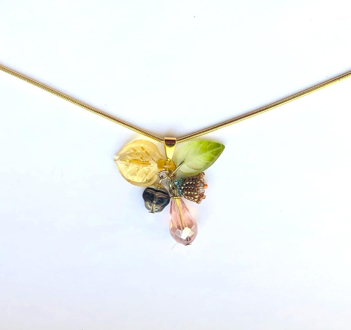 Beadwoven Lily Flower Cluster, Ombre Glass Leaf, Beige Pink Floral Crystal Briolette Pendant, Gold Filled Long Snake Chain