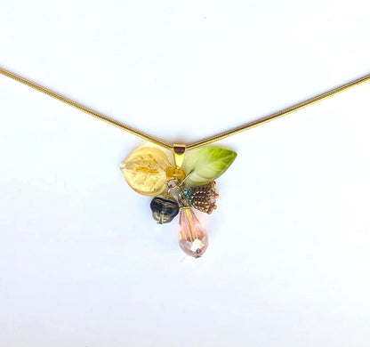 Beadwoven Lily Flower Cluster, Ombre Glass Leaf, Beige Pink Floral Crystal Briolette Pendant, Gold Filled Long Snake Chain
