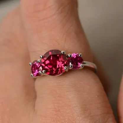 Ruby Ring Three Stone Zircon Ring Bride Engagement Wedding Anniversary Silver Plated Ring
