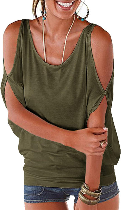 Women Cold Shoulder O-Neck Short Sleeve Loose Fit Summer Shirt Blouse Tops - WORLD TIME VISITS