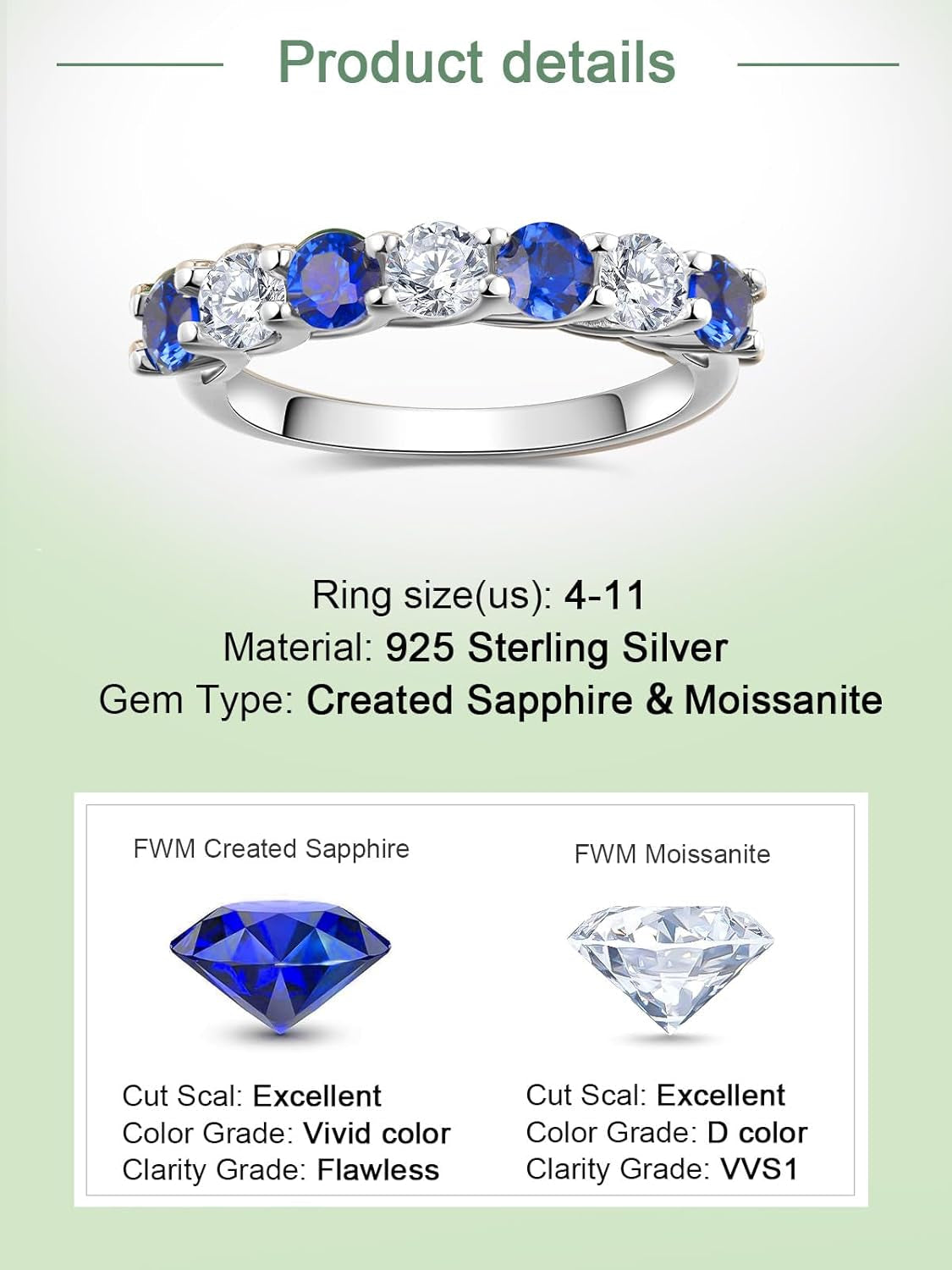 D Color VVS1 Clarity Moissanite and Sapphire/Ruby/Emerald Rings for Women, Solid 925 Sterling Silver, Anniversary Birthday Mothers Day Jewelry Gift, Stackable Wedding Ring, Size 4-11