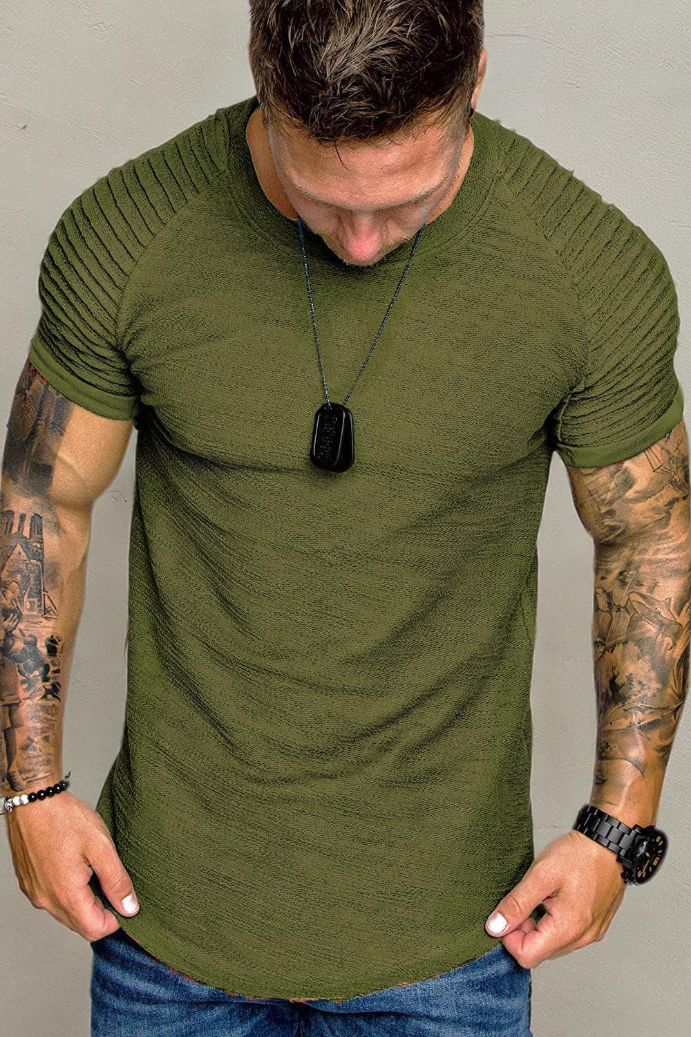 Men'S Muscle T-Shirt Pleated Raglan Sleeve Bodybuilding Gym Tee Short Sleeve Fashion Workout Shirts Hipster Shirt