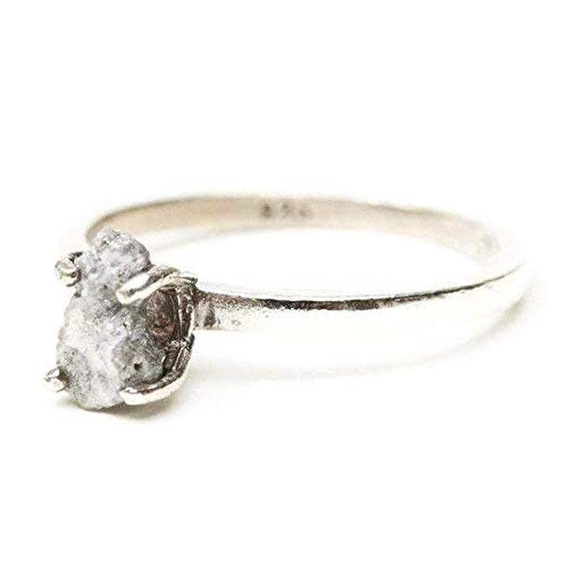 Real White/Grey Rough Diamond Ring in Prongs Setting with Sterling Silver High Polished Band