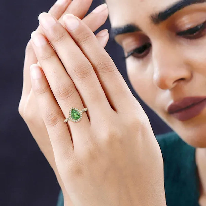 Shop LC ILIANA 18K Yellow Gold Pear AAA Emerald White Real Diamond Halo Ring Ct 1.3 G-H Color SI1 Clarity