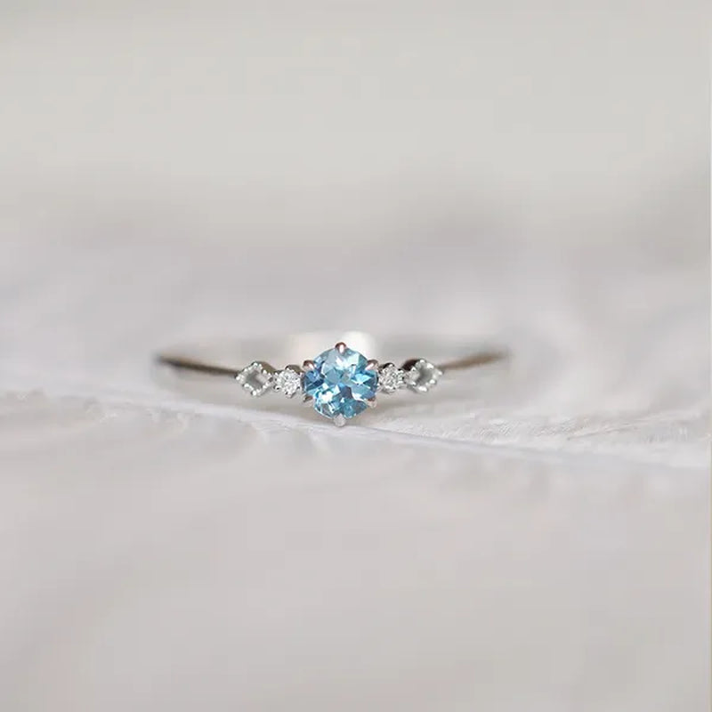 Women Dainty Silver Plated Skyblue Round Cut Aquamarine Diamond Natural Gemstone Ring Wedding Jewelry Gifts Size 5 6 7 8 9 10 11