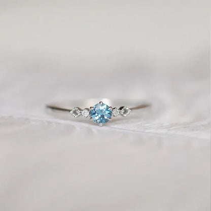 Women Dainty Silver Plated Skyblue Round Cut Aquamarine Diamond Natural Gemstone Ring Wedding Jewelry Gifts Size 5 6 7 8 9 10 11