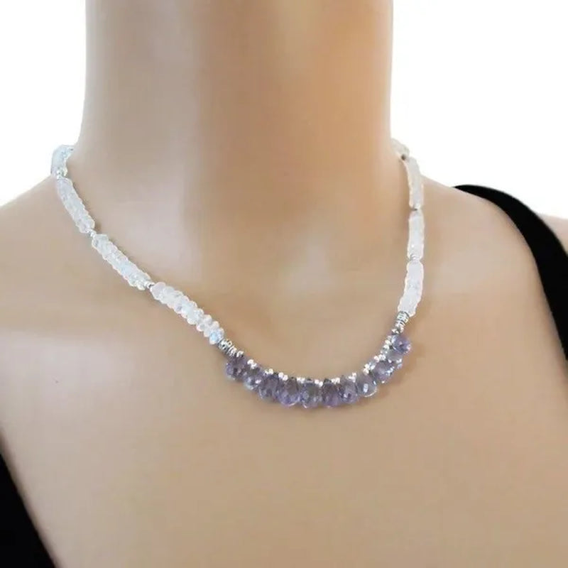 Rainbow Moonstone Mystic Topaz Necklace Sterling Silver Djstrang Blue Gemstone Bride Wedding Boho Shimmering Sundance Style