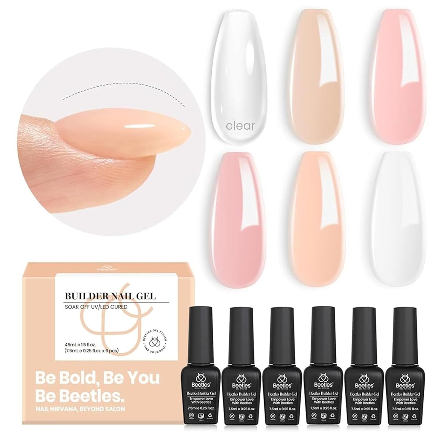 Beetles Builder Gel 6 Colors 7 in 1 Strengthener Gel Clear Nude Pink Milky White Hard Gel Nail Extension Gel Rhinestone Gel Nail Glue Art Base Gel Needed