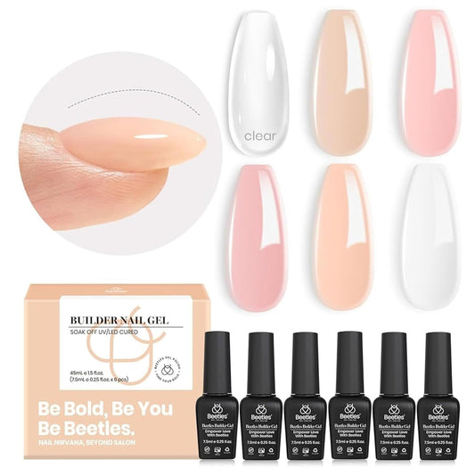 Beetles Builder Gel 6 Colors 7 in 1 Strengthener Gel Clear Nude Pink Milky White Hard Gel Nail Extension Gel Rhinestone Gel Nail Glue Art Base Gel Needed