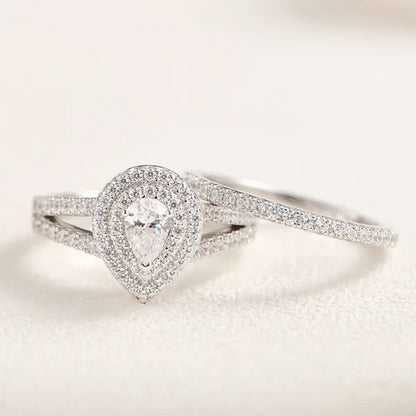 Newshe 2Pcs Wedding Ring Set Classic Jewelry Pear Shape 1.2 Carats AAAAA CZ 925 Sterling Silver Teardrop Engagement Rings for Women Size 5-12