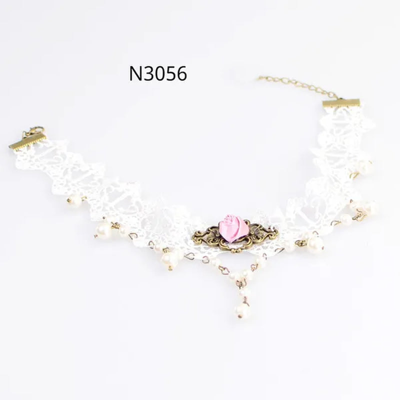 White Lace Necklace Chokers Black Collares Vintage Style Female Gothic Wedding Red Rose Crystal Diamond Pendant Collarbone Necklaces Chain Accessories for Women Girls