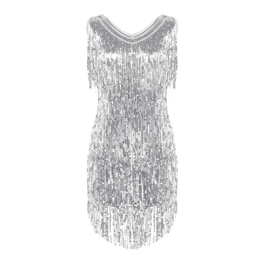 Women's Gowns V Neck Sparkling Sequin Tassels Rhythm Ballroom Salsa Samba Rumba Tango Latin Dance Dress