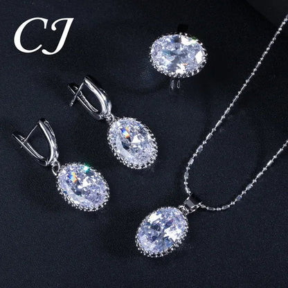 CANDICE European Clear Oval CZ Stone Necklace Earrings Tennis Bracelet Ring for Women Fashionable Sterling Silver Plated Plated Party Jewelry Set