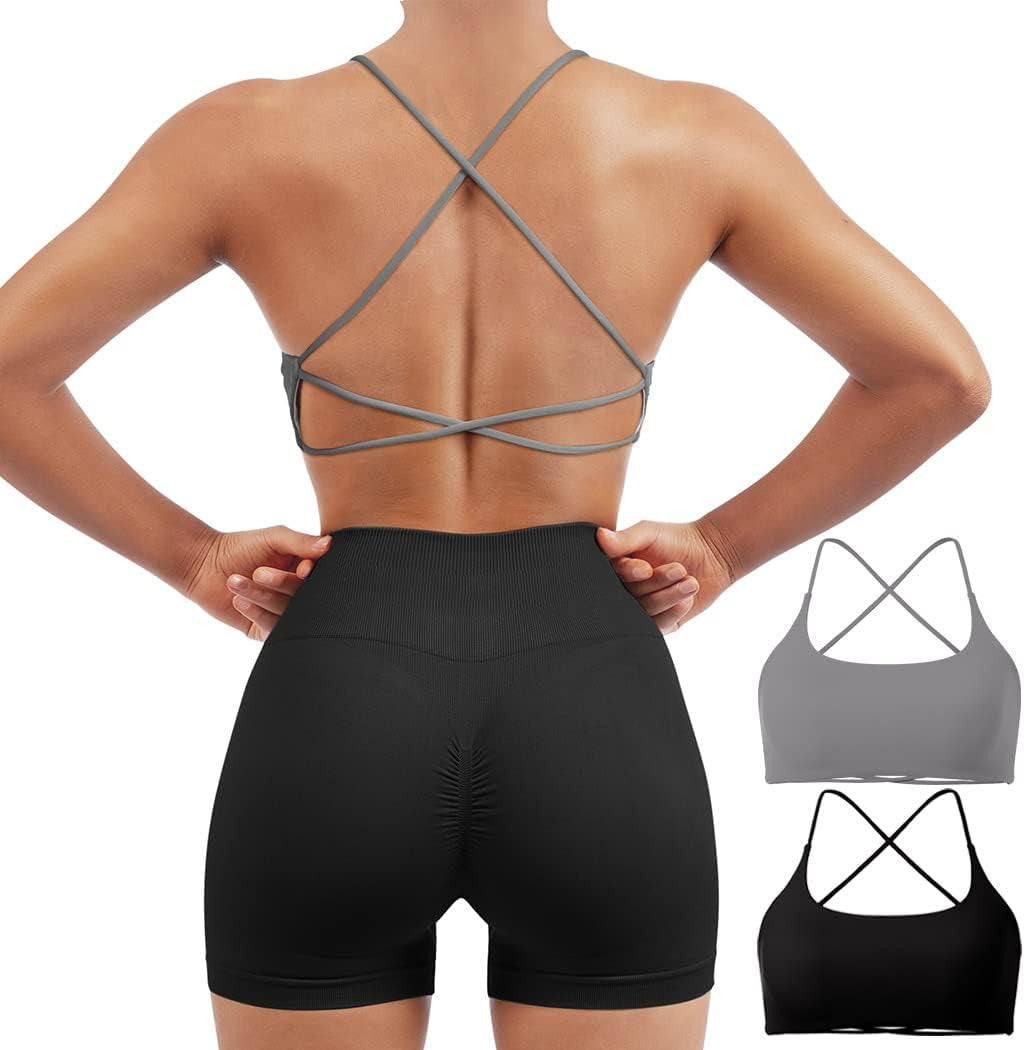 Women 2 Piece Open Back Sports Bra Pack Strappy Workout Gym Yoga Crops - WORLD TIME VISITS