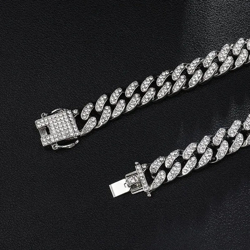 Hip Hop Iced Out Paved Rhinestones 13MM Full Miami Curb Cuban Chain CZ Bling Rapper Necklaces Bracelet Watch for Men Jewelry Set