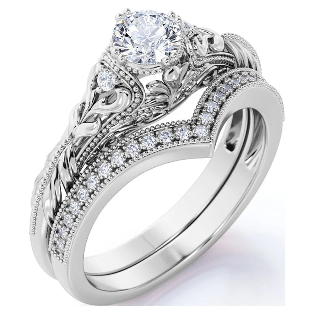 Engraved .68 Carat round Cut Real Diamond Victorian-Inspired Wedding Ring Set with Chevron Wedding Band in 10K White Gold